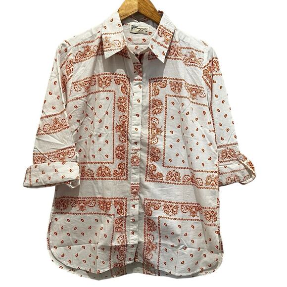 Magazine Tops - MAGAZINE Bandana Button Up Shirt Sz L Dark Orange White 100% Cotton Boho  NEW
